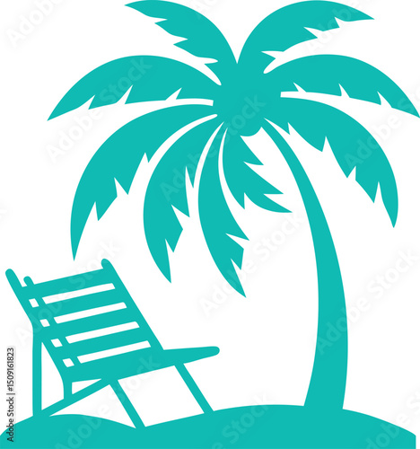 Tropical beach scene with palm tree and beach chair vector illustration