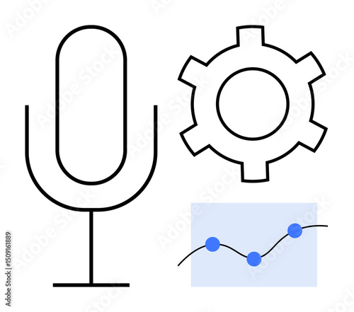 Microphone, gear, line chart with dots, combining audio technology, customization, and data trends. Ideal for tech, audio production, voice tools AI performance tracking analytics simple landing
