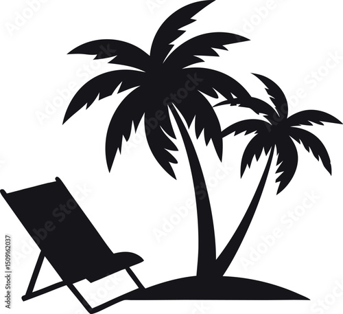 Tropical Beach Scene with Palm Tree and Beach Chair Vector Illustration