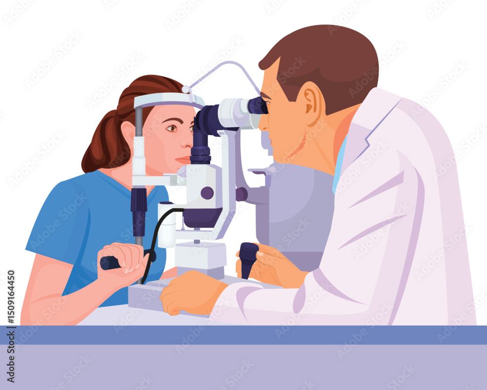 Eye test machine, Eye exams and vision test, woman is looking into eye test machine Eye test machine, Eye exams and vision test, woman is looking into eye test machine