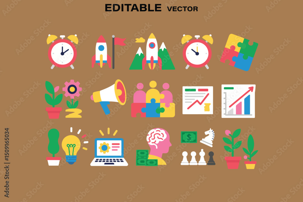 Fototapeta premium Flat Vector Icon Set for Business Startup and Strategy with Clock Rocket Puzzle and Graph Elements
