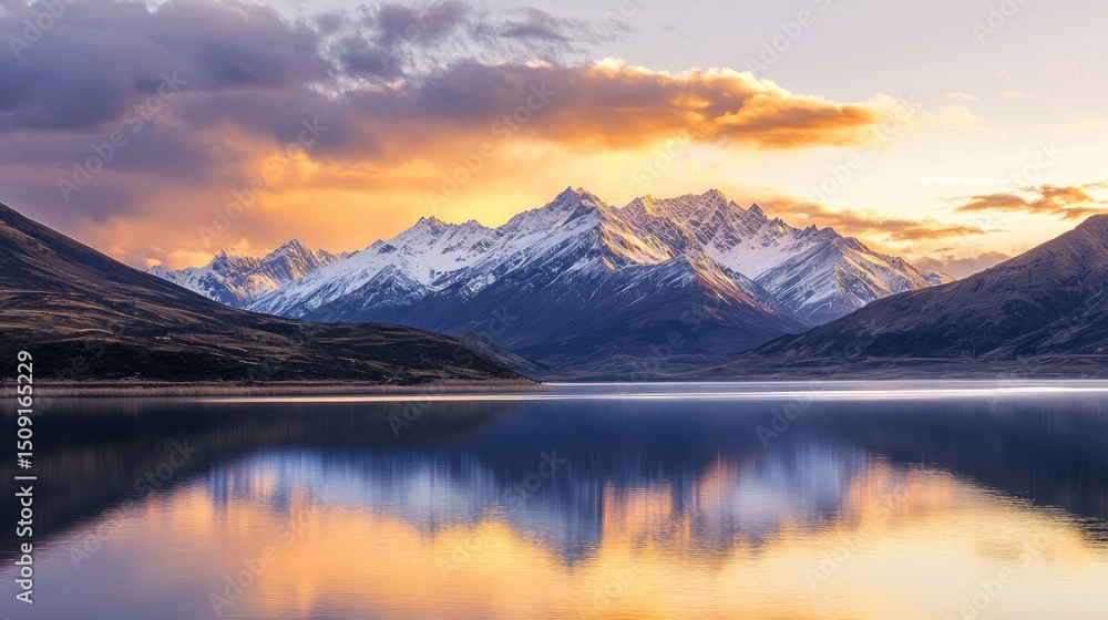 A serene lake reflecting a sunrise over snow-capped mountains. A serene lake reflecting a sunrise over snow-capped mountains.