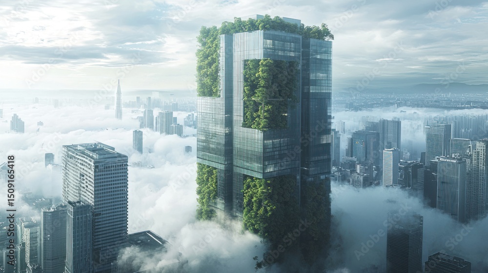Obraz premium Futuristic skyscraper with vertical gardens above a city shrouded in clouds.