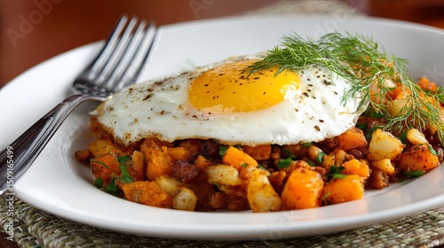 Delicious Pytt i Panna Hash with Fried Egg on White Plate