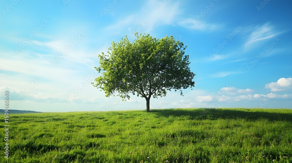 Fototapeta premium Lone tree on a grassy hill under a clear blue sky.