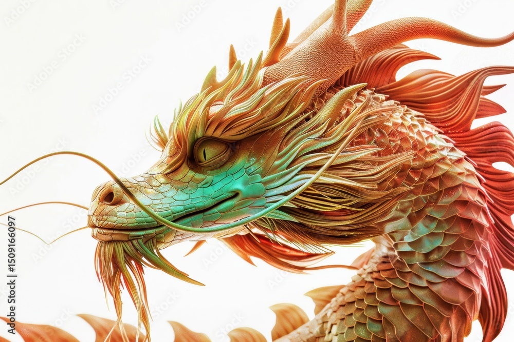 Fototapeta premium A fierce and detailed close up of a golden dragon with sharp teeth and flowing whiskers. The intricately designed scales and vibrant orange hues.