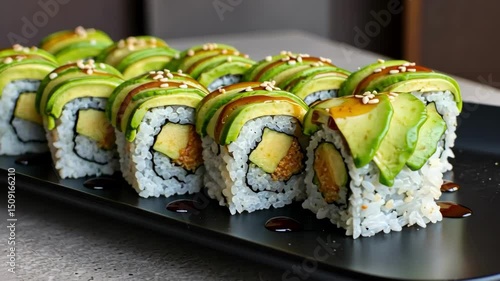 Sushi roll with avocado topping on a black plate