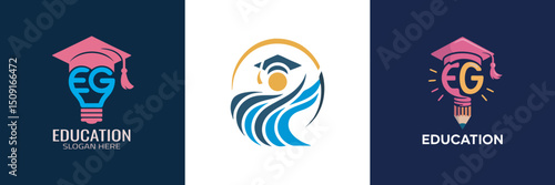 Education Logo Concepts, Lightbulb, Wave, Pencil Designs