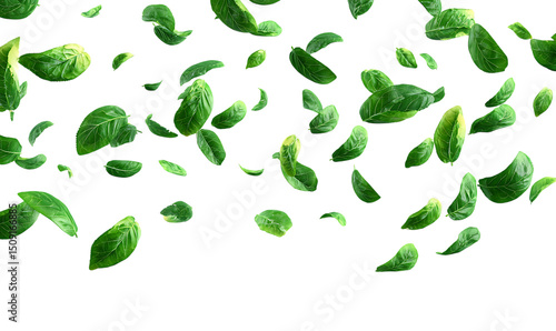 Falling green tea leaves flying in the air on a transparent background