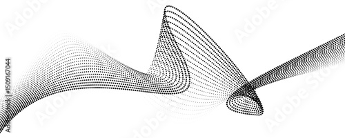 Flowing dots particles wave pattern halftone gradient curve shape isolated on white background. Vector in concept of technology, science, music, modern.