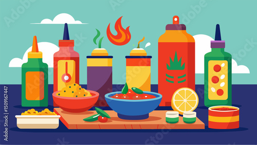 A colorful display of homemade hot sauce and toppings on every table allowing customers to customize their ceviche just the way they like it.. Vector illustration