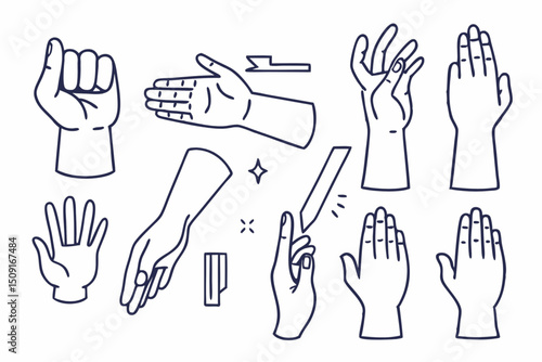 Set of hand and finger gesture vector icons, signs, and symbols