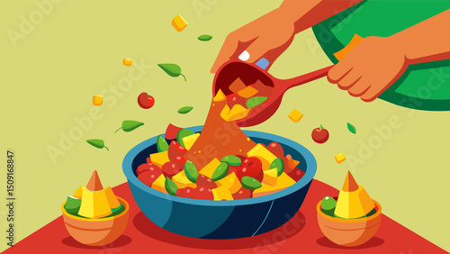 A burst of color as a person adds finely diced red and yellow bell peppers to a chunky salsa adding both flavor and visual appeal.. Vector illustration