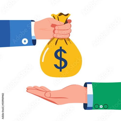 Hand giving money bag to another person. 