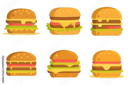 Cartoon Animated Hamburgers with Vibrant Toppings in Vibrant Colors. A set of hamburgers with different toppings on a beige background.