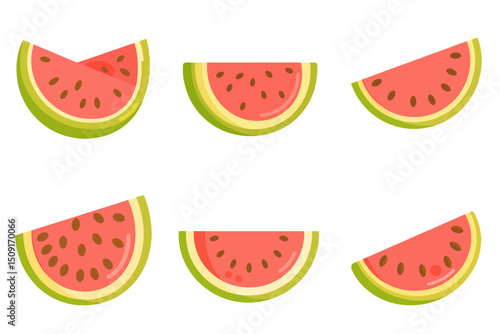 Vibrant Animated Watermelon Slice Vector on Neutral Gray Background. A set of four slices of watermelon on a gray background.