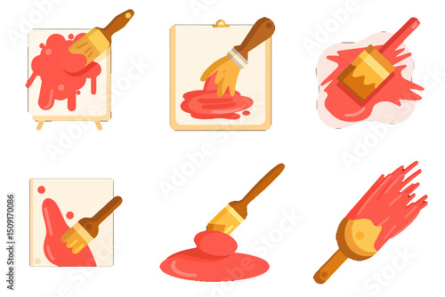Vibrant Red Paint Splashes on Animated Brushes Against Transparent Background. A set of four illustrations depicting a hand holding a paintbrush and dripping paint.