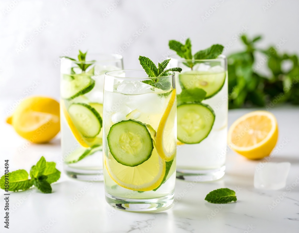 Fototapeta premium Three glasses of refreshing cucumber and lemon water with ice and mint