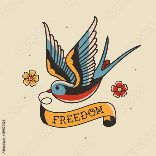 Old School Swallow tattoo vector for apparel print design. Tradition Tattoo swallow bird with "freedom" inscription. Vintage Freedom tattoo Sticker. Old school tattoo illustration