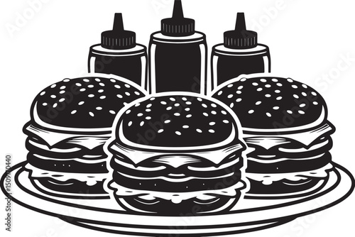 Vector illustration of delicious burgers with sauces in black and white style