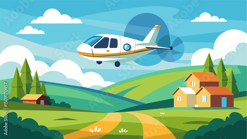 A highspeed air taxi zipping over a peaceful countryside highlighting rolling hills and quaint farmhouses.. Vector illustration