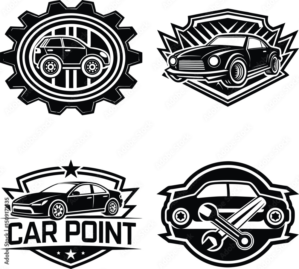 Obraz premium Sports car logo icon set. Motor vehicle silhouette emblems. Auto garage dealership brand identity design elements. Vector illustrations.. Passenger Cars Set