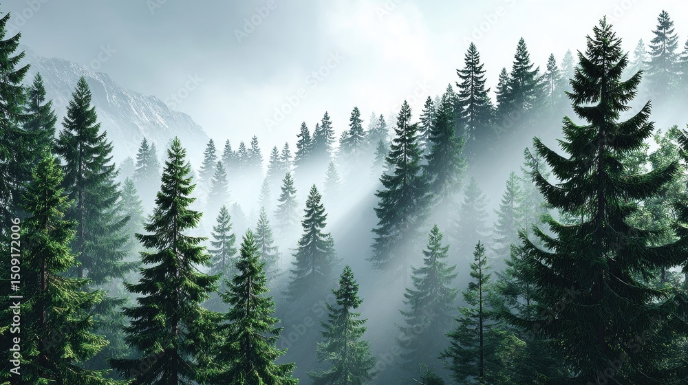 Fototapeta premium Enchanting Misty Forest - Soft Light Filtering Through Foggy Trees for Digital Designs