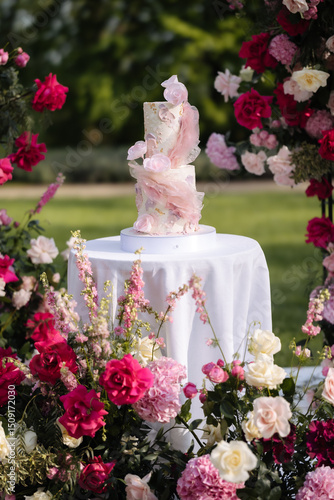 Two-tier pink and white wedding cake decorated with sugar flowers and pink wafer paper on white table, surrounded by red, pink, and white roses and hydrangeas. Outdoor wedding setup. Wedding ceremony 