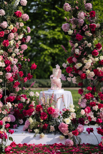 Two-tier pink and white wedding cake on white round table surrounded by red, white, and pink roses and hydrangeas in outdoor floral arch setup. Garden event photography. Wedding ceremony and celebrati