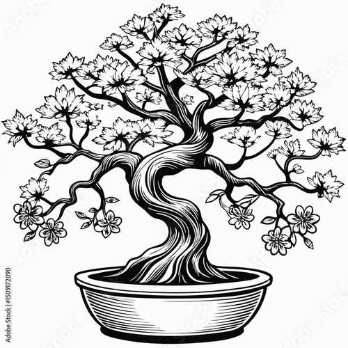 Beautiful black and white illustration of a bonsai tree with delicate blooming flowers