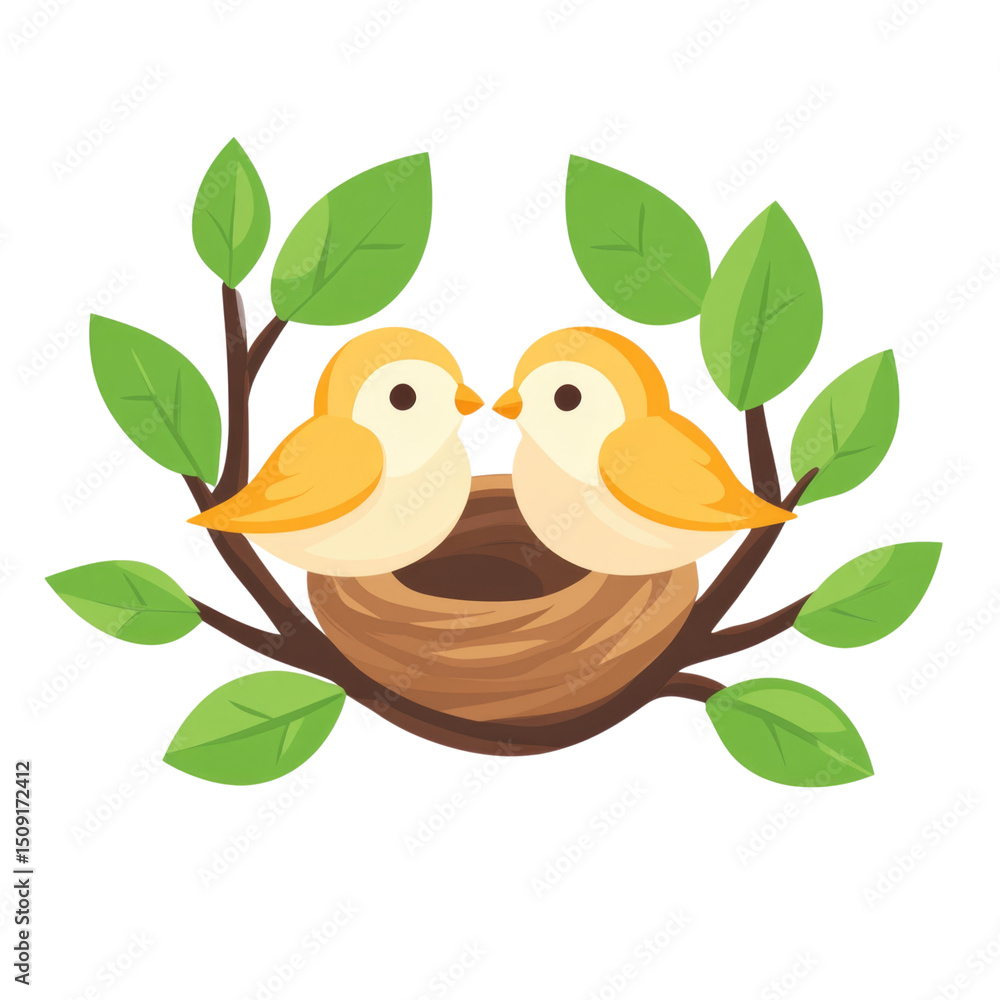 Fototapeta premium Bird Sanctuary Icon with Nest and Two Birds Isolated PNG Transparent Cutout