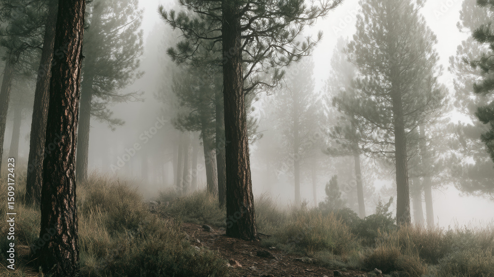 Fototapeta premium Foggy Pine Forest on a Mountain Slope with Trail and Misty Atmosphere in the Early Morning Light