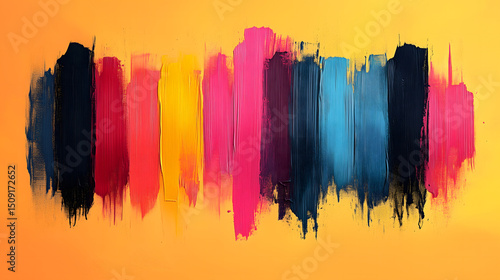 Vibrant paint strokes in various colors on a bright yellow background.