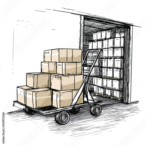 Professional Warehouse Scene with Boxes and Handtruck in Vector Illustration