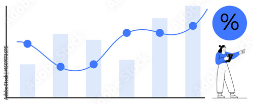 Trendline and bar charts track progress, data growth, and percentages. Person pointing adds interpretation. Ideal for analytics, finance, strategy, performance metrics, statistics forecasting