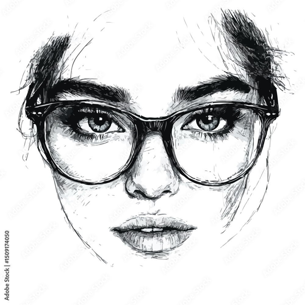 Obraz premium Professional Vector Illustration of Woman's Face with Glasses Scribble Design