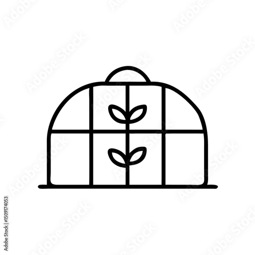 Greenhouse icon with plants in simple line art style  