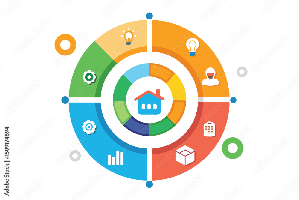 A circular infographic representing smart home technology and its integrated components for modern living on a white background A circular infographic representing smart home technology and its integrated components for modern living on a white background