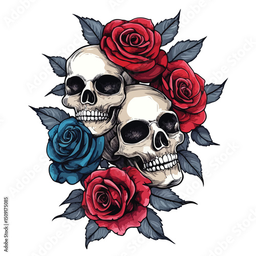 Vintage Tattoo Studio Design with Skulls and Roses in Old School Style Vector Illustration