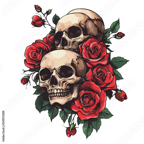 Vintage Tattoo Studio Design with Old School Skulls and Roses Vector Illustration