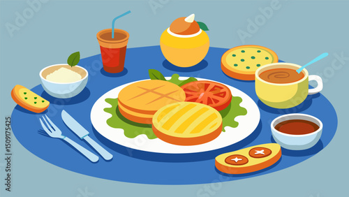 A platter of golden brown arepas sat in the center of the table surrounded by various toppings and condiments for each family member to personalize their breakfast.. Vector illustration
