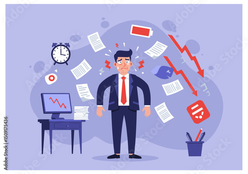 Flat Vector of a Stressed Businessman Overwhelmed by Work Cartoon