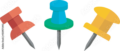 3D Push pin emoji icon set. Different-colored thumbtack with metal needles—office and school supplies. Stationery elements. Cartoon design objects isolated on a whit background. 3D Vector Illustration