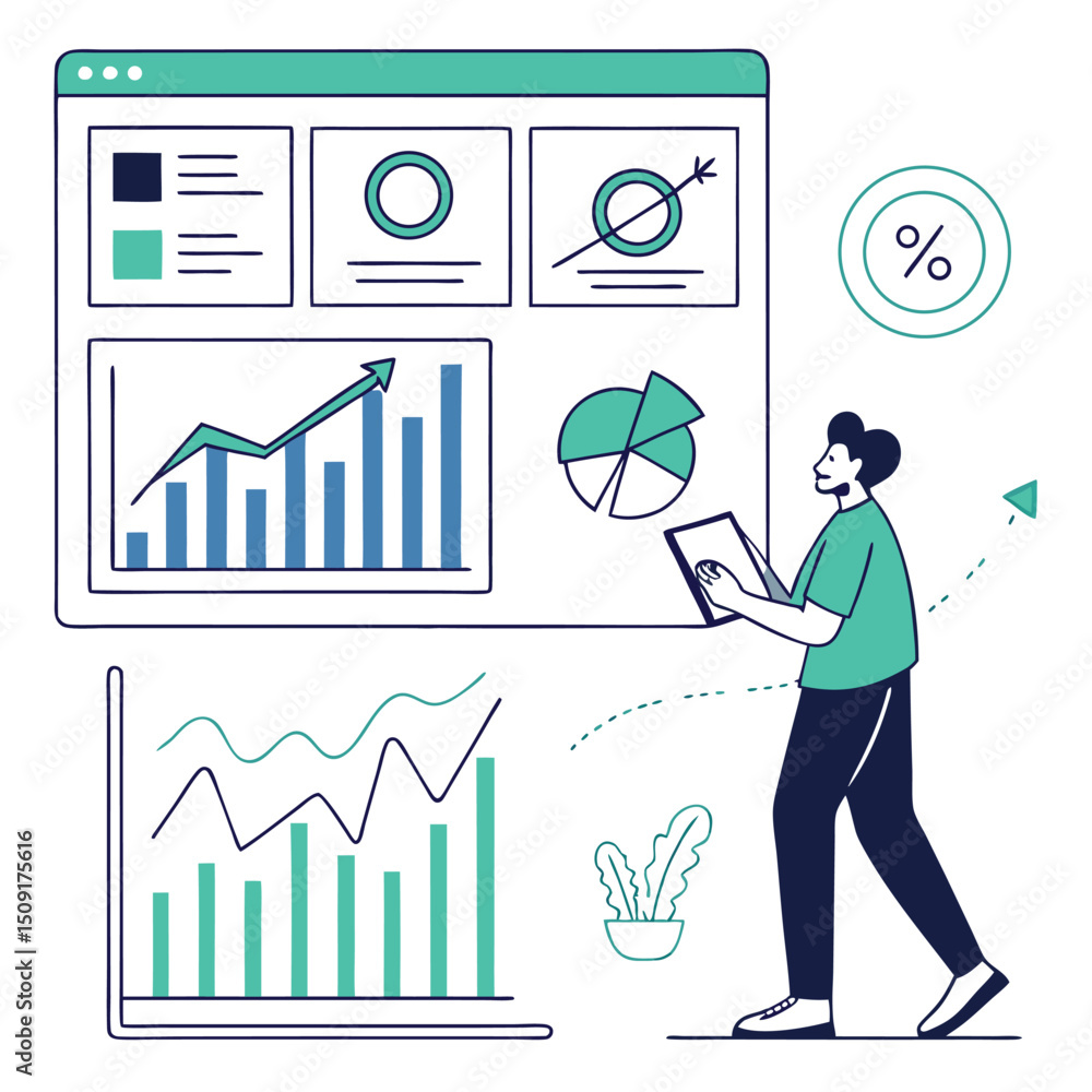 Business analytics concept illustration depicting a person analyzing data charts and graphs on a digital screen. Business analytics concept illustration depicting a person analyzing data charts and graphs on a digital screen.