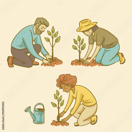 Illustration of People Planting and Watering a Tree