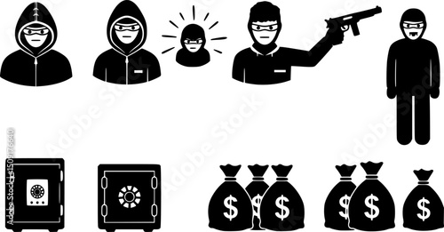 vector set of outline silhouette robbery icon set
