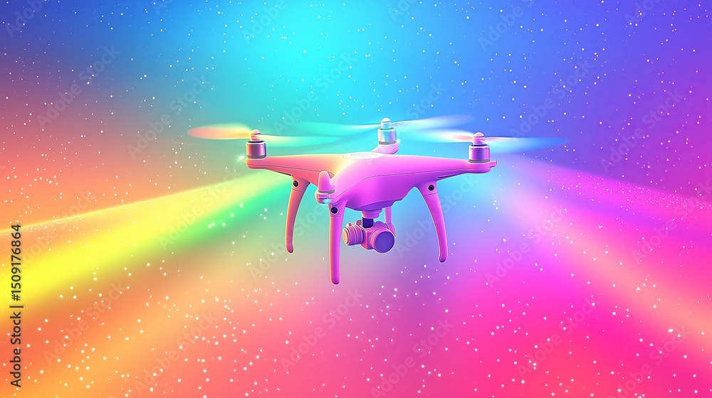 Naklejka premium A colorful drone flying through a vibrant, starry space background with rainbow light trails, depicted in a minimalistic style