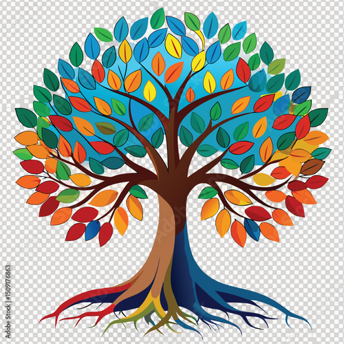 Colorful cartoon tree with multicolored leaves depicting life and growth on transparent background