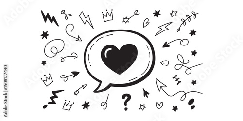 A black and white graphic design featuring a heart inside a speech bubble, surrounded by various doodle elements like arrows, stars, crowns, and lightning bolts.