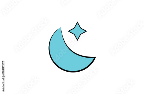 Moon with stars icon on white background. Moon icon vector. Night symbol. Moon with one star phases icon. Half moon outline and filled vector icon sign symbol. Vector illustration. Eps file 76.
